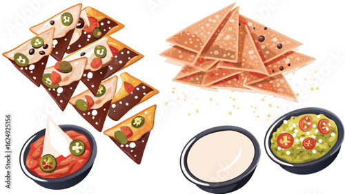 Illustration of loaded nachos with various toppings and dipping sauces on a white background surface