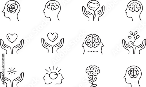 A comprehensive set of twelve minimalist line icons exploring themes of psychology, brain health, and self-care.