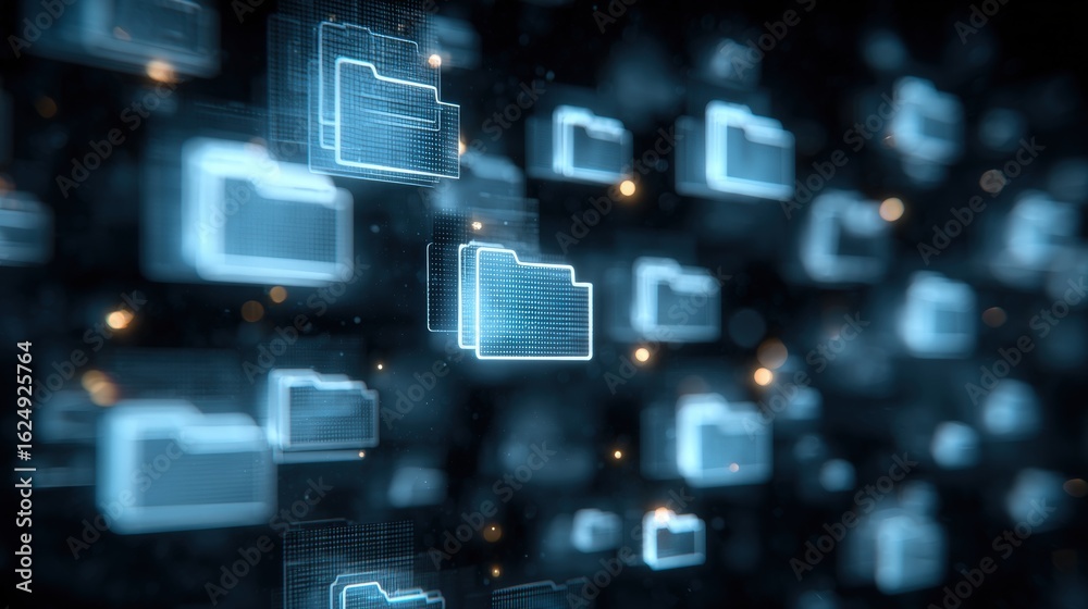 Obraz premium Abstract network grid with files and folders, futuristic software interface, digital document management system, store, search and organize documents, corporate business, paperless office