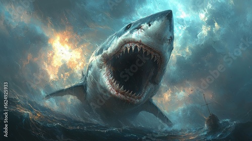 Leviathan: Jaws of the Storm, A Digital Painting of a Gigantic Great White Shark Emerging from a Turbulent Sea Under a Dramatic Sky