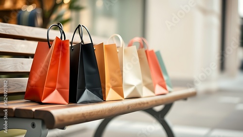 Stylish shopping bags arranged on a wooden bench with soft overhead light.