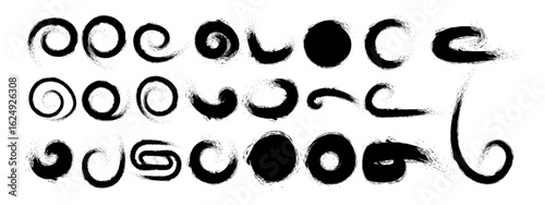 Collection of abstract black spiral brush stroke shapes created with grunge ink texture. Includes hand drawn swirls, circular strokes, and expressive brush forms in various styles.
