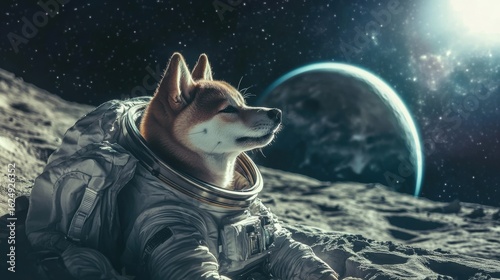 Shiba Inu Astronaut Sitting at Moon with Earth on Background