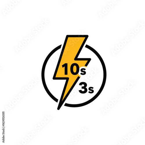 Fast charging symbol depicting rapid power delivery, showcasing 10-second and 3-second charging times.