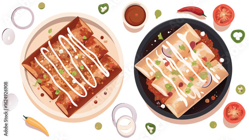 Two plates of enchiladas with various toppings and sauces arranged on a white background view from above