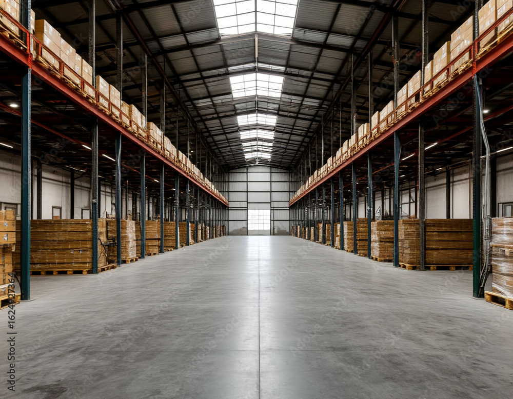 Fototapeta premium Vast and Empty Industrial Warehouse Hall, AI Generation