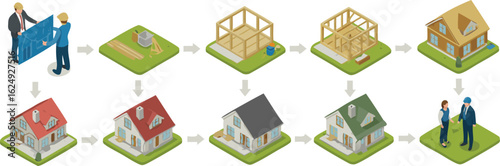 Isometric House Construction Stages From Blueprint, Framing to Finished Home and Customer Handshake