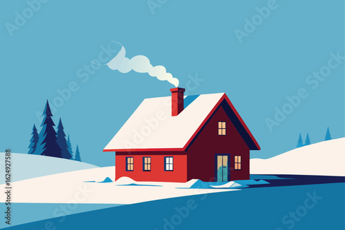 snow covered traditional family house with chimney.eps