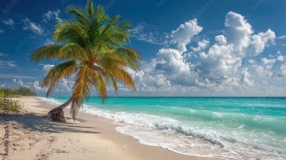Fototapeta premium A solitary palm tree leans over a pristine white sand beach with turquoise ocean waves and dramatic clouds