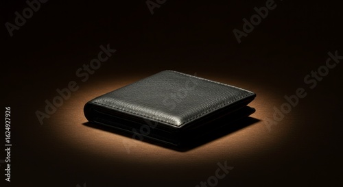 Dark leather wallet with textured surface illuminated by spotlight