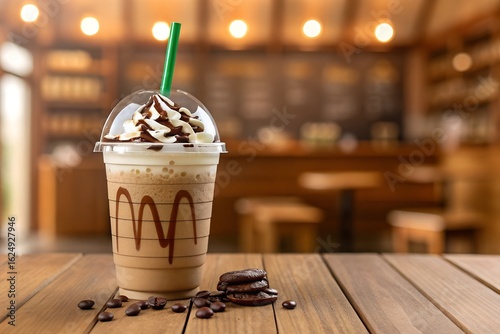 A starbucks frappuccino with whipped cream and chocolate drizzle on a wooden table with coffee beans