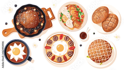 Overhead view of various breakfast dishes including pancakes, waffles, eggs and bread on plates