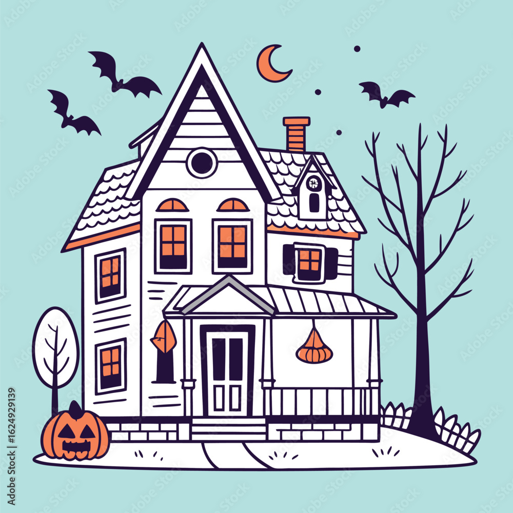 Fototapeta premium Stylized Halloween house with pumpkin bats and moon on light blue background haunted house