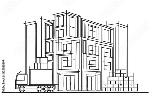 commercial storage premises with truck sketch. illustration abstract modern urban building. Landscape