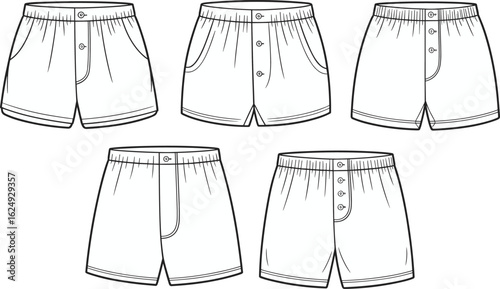 Boxer shorts cad drawing flat vector illustration, men’s underwear technical sketch front view, button fly fashion flat, elastic waistband design