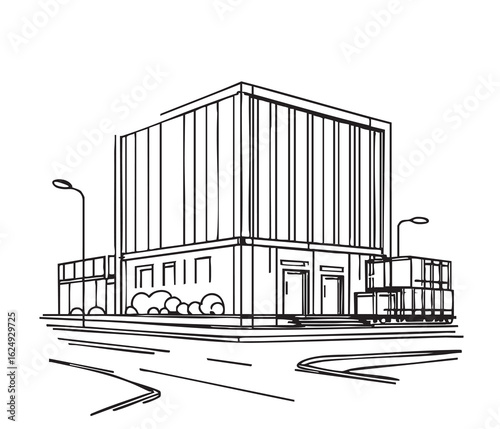 commercial storage premises with truck sketch. illustration abstract modern urban building. Landscape
