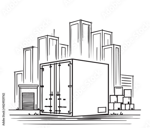 commercial storage premises with truck sketch. illustration abstract modern urban building. Landscape
