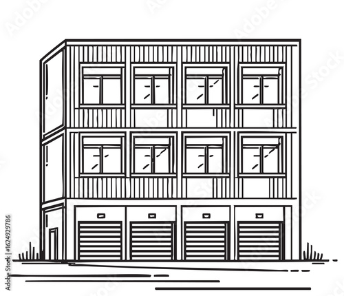 commercial storage premises with truck sketch. illustration abstract modern urban building. Landscape