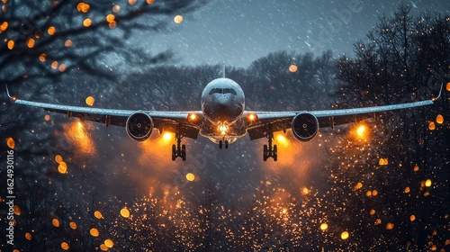 Majestic Airplane Landing in Snowy Night