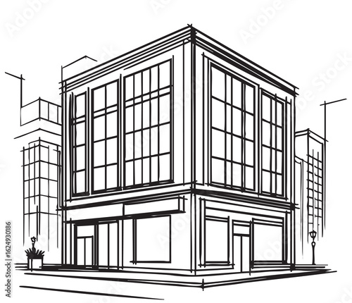 commercial storage premises with truck sketch. illustration abstract modern urban building. Landscape