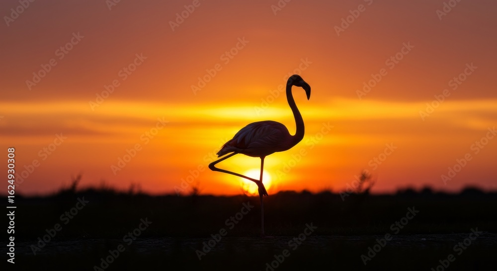 Fototapeta premium Silhouette of a flamingo standing on one leg against a vibrant sunset sky