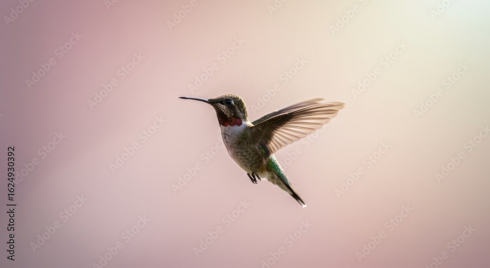 Fototapeta premium Tiny hummingbird hovering in mid air against a soft pink sky