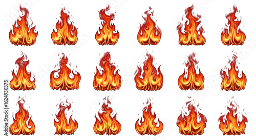 Fifteen flame sprites arranged on a black background    .ai generative, transparent background, white background. isolated on white background, png, jpeg, jpg.