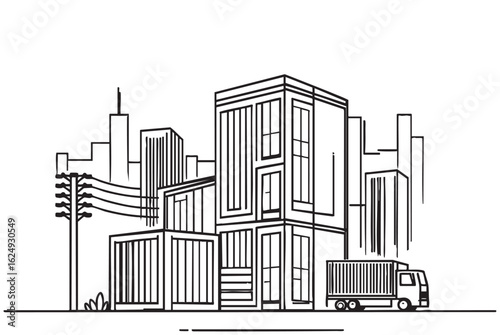 commercial storage premises with truck sketch. illustration abstract modern urban building. Landscape