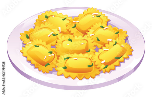 Italian ravioli pasta with grated cheese on a plate with green herbs. Vector cartoon illustration