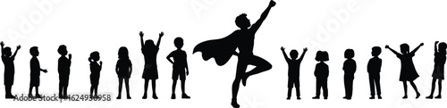 Silhouettes of children, superhero pose, cape, group of kids, black vector, leadership, imagination, childhood, isolated, graphic art