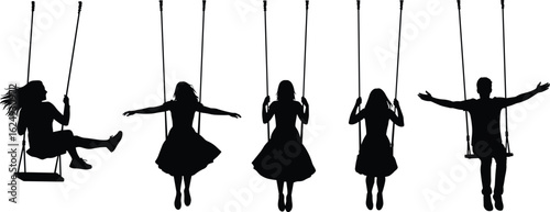 Silhouettes of children swinging outdoors, joyful family bonding, carefree play, black and white art, happy childhood memories, playful kids, emotional moments