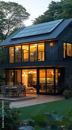Modern Eco-Friendly Home with Solar Panels and Stunning Night Lighting