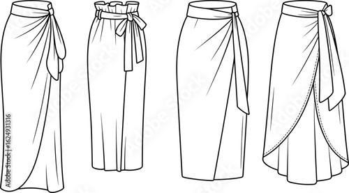 Wrap skirt cad drawing flat vector illustration, layered ruffle skirt design, midi length fashion template, tied waist, elegant wrap skirt sketch