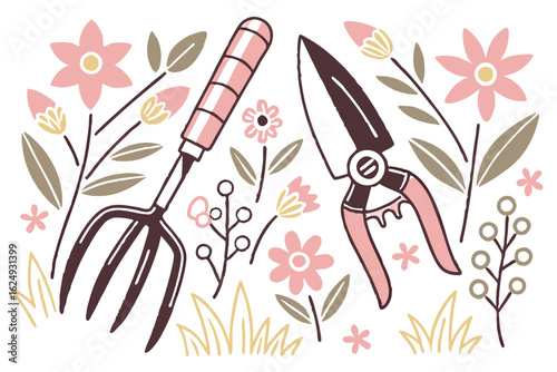 Illustration of a gardening fork and pruning shears surrounded by flowers and foliage in soft colors
