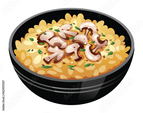 Delicious Italian risotto with fresh mushrooms and grated parmesan cheese in a black bowl. Vector cartoon illustration