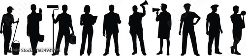 Silhouettes of workers, diverse professions, career roles, janitor, painter, executive, speaker, manager, athlete, teamwork, occupation, society