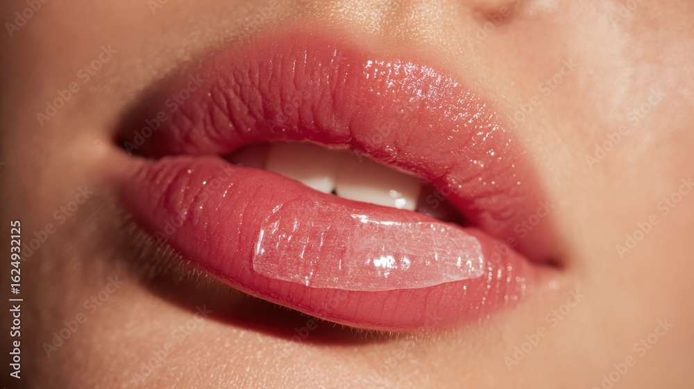 Fototapeta premium Close up of woman wearing transparent lip plumping mask, revealing skincare process with focus on enhancing lip fullness and smooth cosmetic treatment