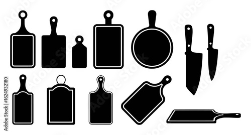 Black cutting boards and knives set graphic design kitchen utensil