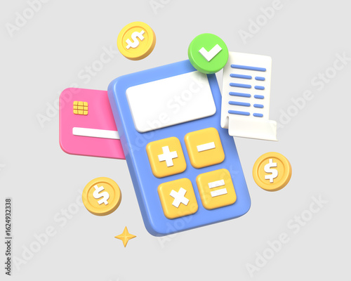 Canvas Print 3D illustration of a blue calculator, a receipt, gold coins, and a credit card, symbolizing expense tracking and budgeting