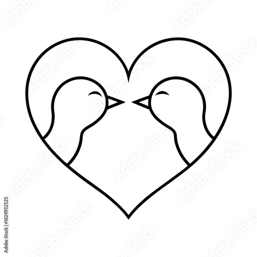 Outline of two birds kissing in a heart.