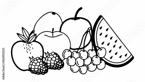 Fresh fruit abundance featuring juicy watermelon, cherries, raspberries, apples, and pears in bold line art style