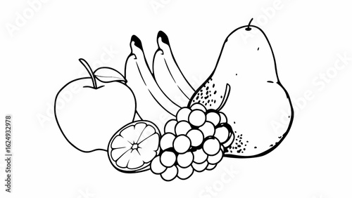 Create a stunning coloring book with this healthy fruit assortment including bananas, grapes, apples, pears, and oranges