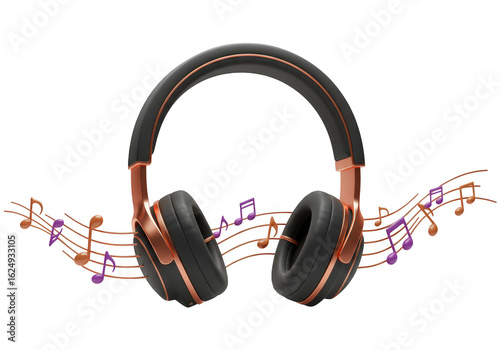 Photo of a pair of stylish copper and black wireless headphones with musical notes floating around, isolated on transparent background