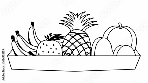 Healthy fruit basket with pineapple, bananas, oranges, and strawberry offers fresh eating for a dietary lifestyle and nutrition