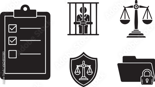 Justice & Law Icon Pack Legal Checklist, Prison, Scales, Shield & Secure Folder Symbols