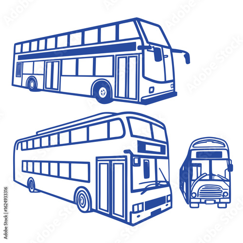 Collection of blue line art illustrations of double decker buses and single decker bus