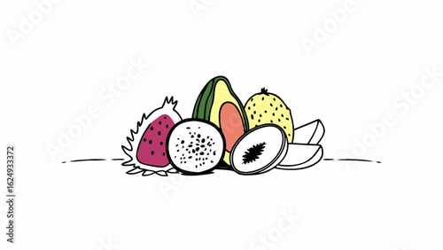 Exotic fruits composition: dragon fruit, avocado, passion fruit, for healthy eating and tropical lifestyle promotion