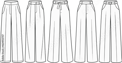 Wide-Leg Trousers CAD Template High Waist Pants Flat Sketch with Belt Variations, Technical Fashion Drawing for Design Presentation