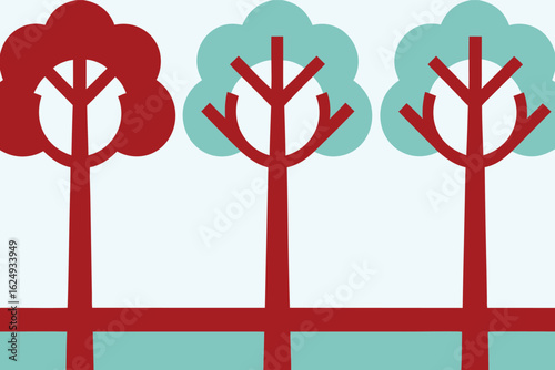 Stylized abstract trees with red trunks and blue and red foliage