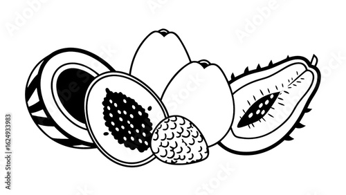 Exotic fruit medley illustration, showcasing tropical flavors, ideal for healthy eating promotions and vibrant summer designs